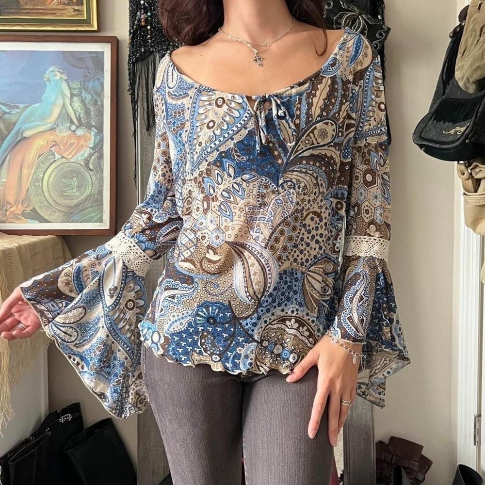 Fashion Bug Vintage 90s Paisley Boho Bell Sleeve Crochet Top Blue Brown M